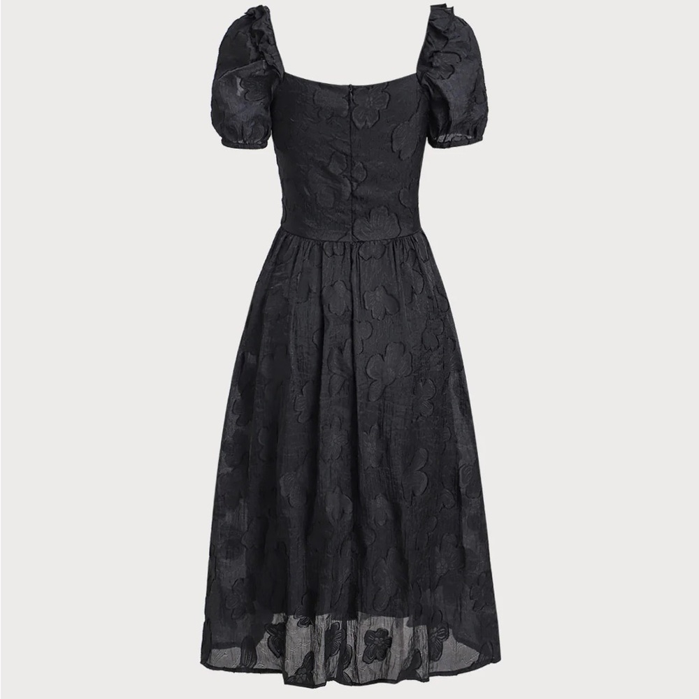 Black Square Neck Puffed Sleeve Midi Dress - Picture 7 of 8